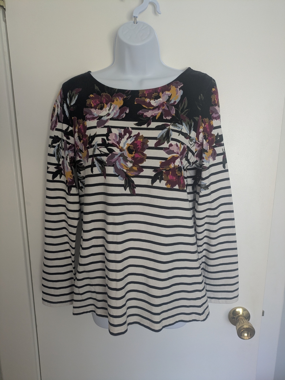Joules Harbor Black & White Striped Long-Sleeve Tunic with Purple Floral Size 10
